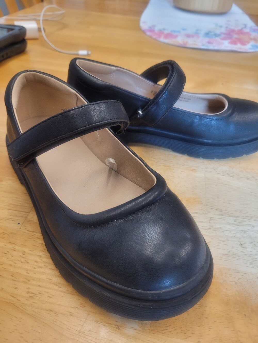 Black Mary Janes School Uniform Shoes Lug Sole Hook And Loop Size 2